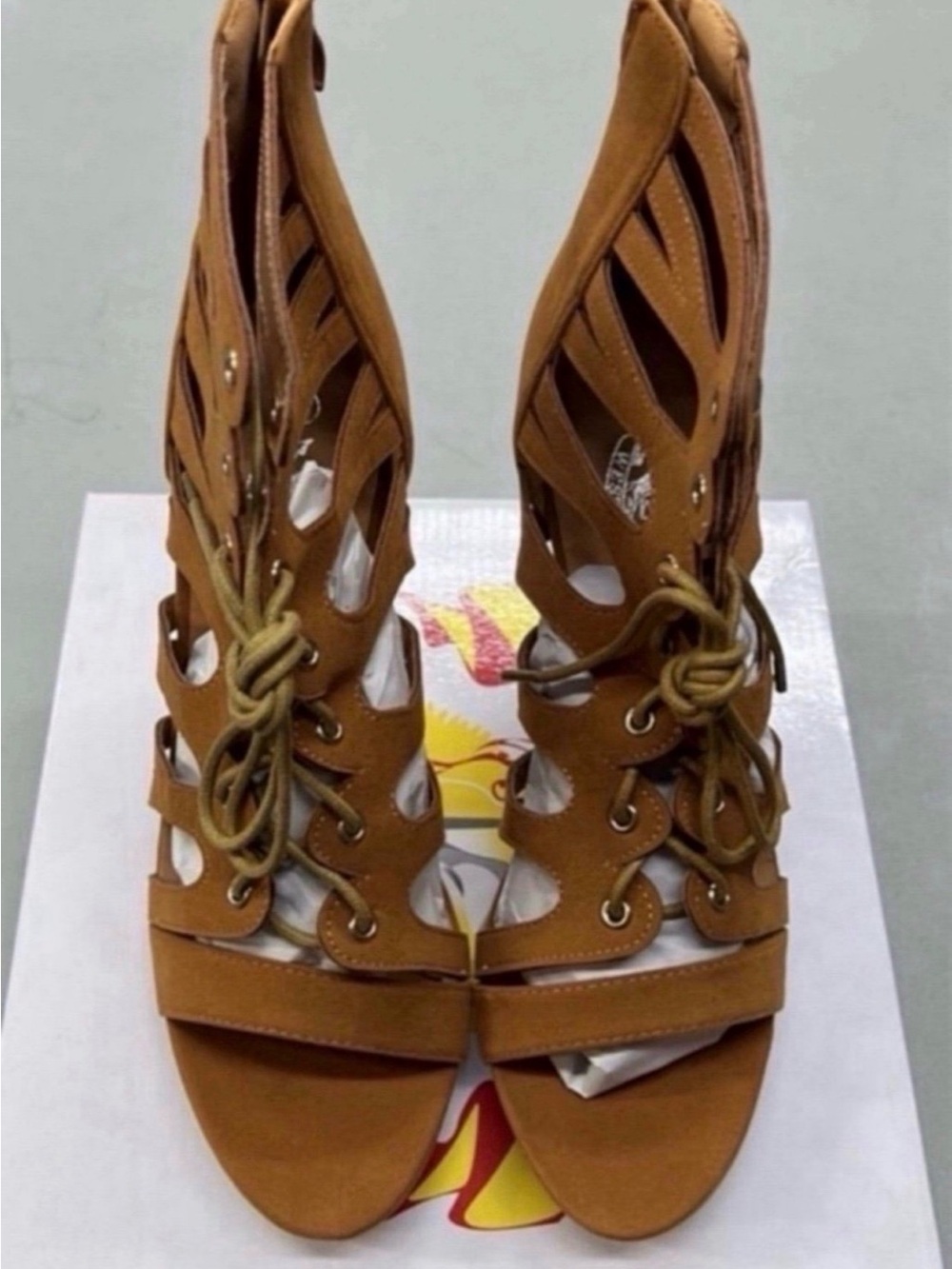 West Blvd Lace-Up Cutout Heeled Sandal in Cognac Brown